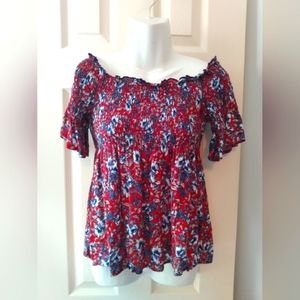 Pink Peony | Smocked Off Shoulder Floral Peplum Blouse Large